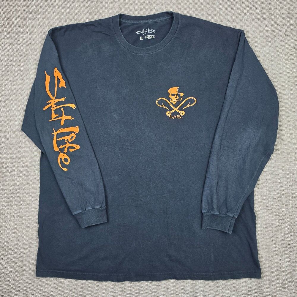 Salt Life Mens XL Dark Blue Orange Skull Fish Hooks Long Sleeve T-Shirt Graphic